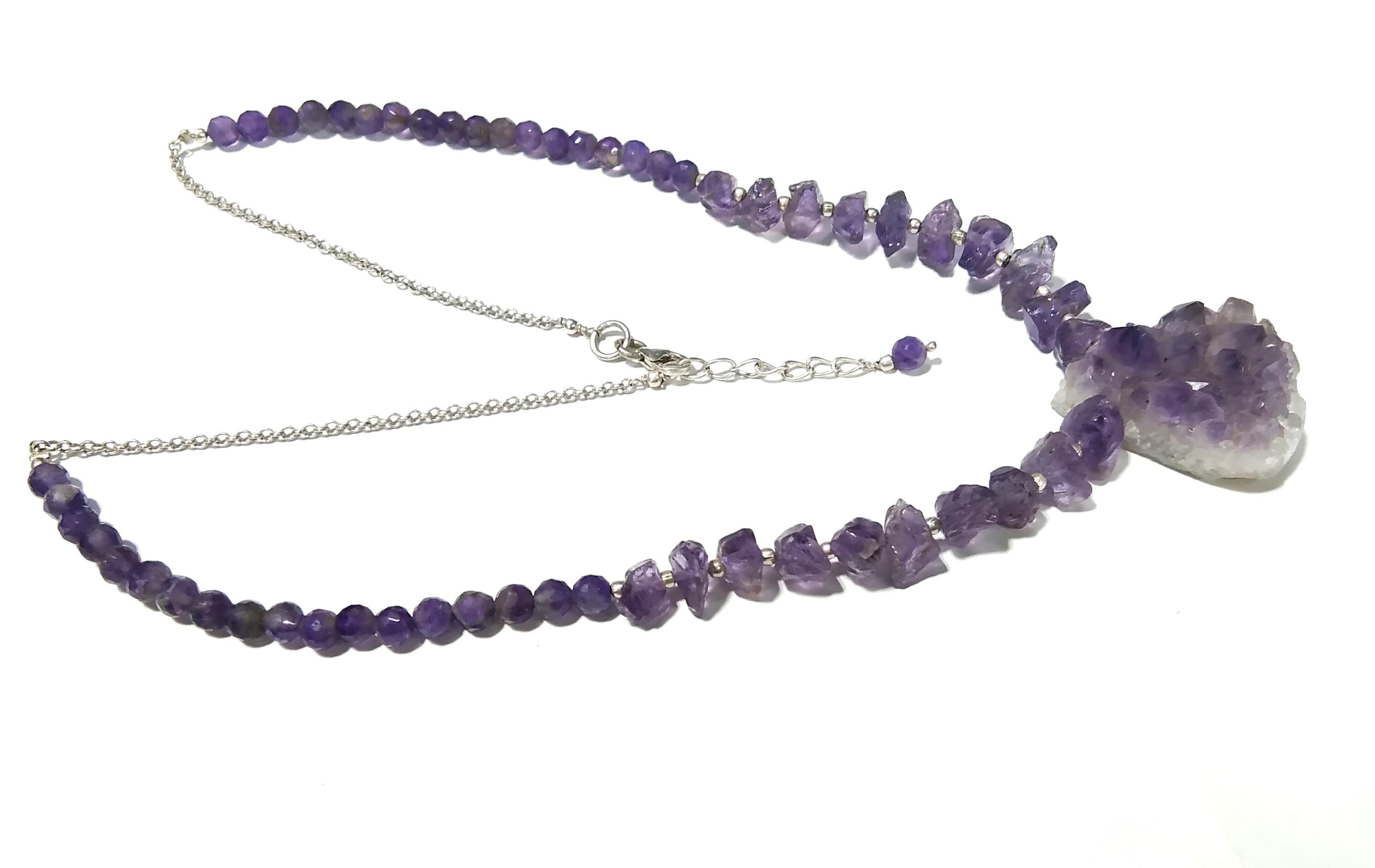 Amethyst Druzy Stone Rough Beads Necklace & Earrings Jewelry Set, 925 Sterling Silver Necklace Beaded Necklace Statement Jewelry